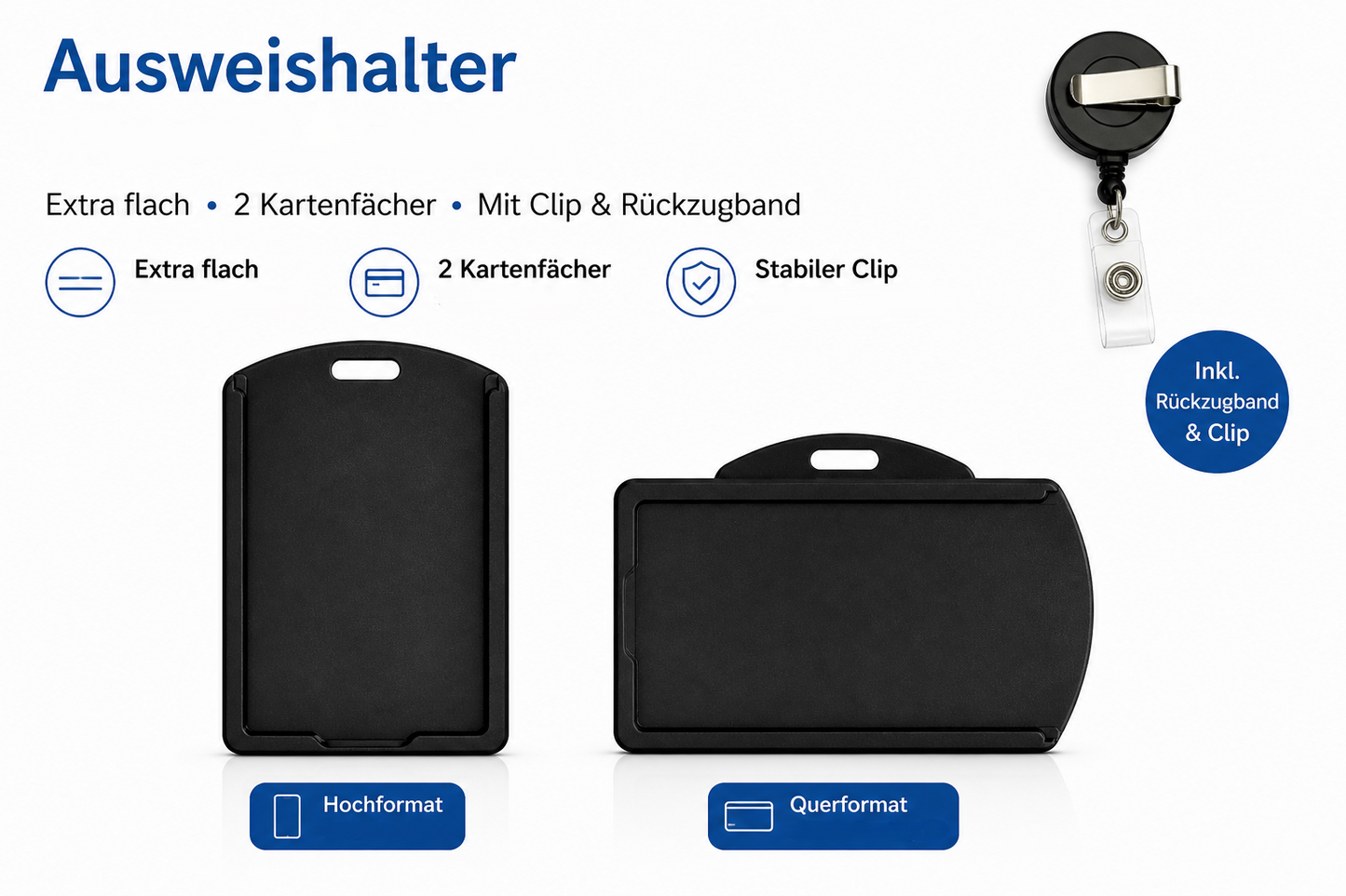 Ausweishalter mit 2 Kartenfächern, Clip & Rückzugband